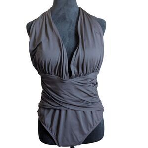 La Blanca Rod Beattie Black Goddess Halter One Piece Sz 16 Ruched Slimming